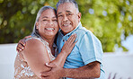 Love, senior couple and hug with smile, happy and bonding to celebrate, relationship, marriage and being romantic together. Portrait, mature man and woman hold each other, being loving or for romance