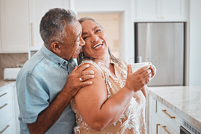 Buy stock photo Love, laughing and elderly couple embrace in kitchen, having fun, talking and being silly together. Happy family, relax and retirement by senior man and woman enjoy conversation and relaxed lifestyle