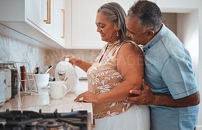 Buy stock photo Love, hug and senior couple smile in kitchen with coffee, talking and together in morning. Happy family, relax and retirement by elderly man and woman enjoy conversation, care and pension lifestyle