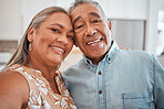 Smile, portrait and happy old couple love relaxing and bonding in a peaceful marriage commitment at home. Senior woman enjoys quality time, freedom and retirement with elderly partner in Lisbon