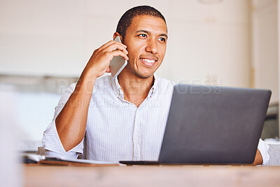 Buy stock photo Smile, communication and businessman networking on a phone call talking about a development growth strategy. Happy manager, entrepreneur or employer speaking about our vision, mission and company
