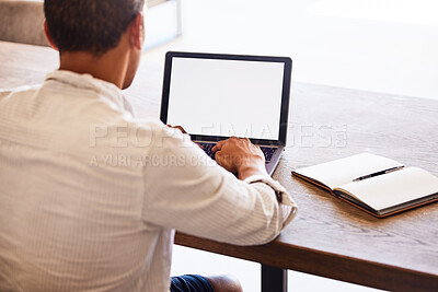 Buy stock photo Laptop, mockup space and businessman doing research on the internet with technology in modern office. Corporate manager typing email, management project or company report on computer with copy space.