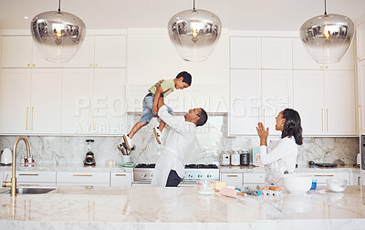 Buy stock photo Mother, father and child baking or cooking as a happy family in a house kitchen with mom and dad having fun with boy. Love, learning and parents teaching young son development skills and to bake cake