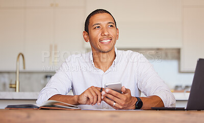Buy stock photo Man, smile and phone at table thinking for remote work, communication or trading on internet. Smartphone, businessman and focus for idea in kitchen while typing text on app, chat or web in home