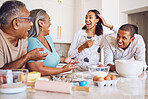 Black family, kitchen and happy for cooking, baking and bonding in home. Family, comic and conversation for happiness, love and time together on holiday, vacation or break to relax, talking and fun