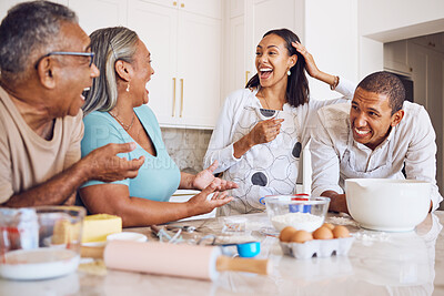 Buy stock photo Black family, kitchen and happy for cooking, baking and bonding in home. Family, comic and conversation for happiness, love and time together on holiday, vacation or break to relax, talking and fun