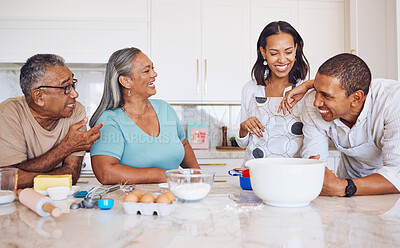 Buy stock photo Happy big family, kitchen and baking, cooking or talking in home together. Love, grandparents and man, woman and comic conversation, bonding and discussion spending quality time together in house.
