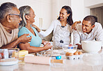 Black family, happy and kitchen, baking with elderly in Houston home bonding. Family, smile and elderly with cooking in comic, funny and time together with egg, flour and butter to bake cookies
