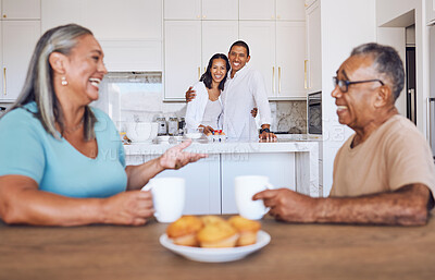 Buy stock photo Family, coffee and senior parents talking at living room table with children listening to their story in house. Comic and elderly man and woman speaking about retirement with drink of tea and kids