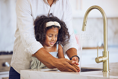 Buy stock photo Girl, hands and dad for washing, cleaning and hygiene in kitchen in house. Child, water and father together learning to wash hand to stop germs, bacteria and virus for health, wellness and care