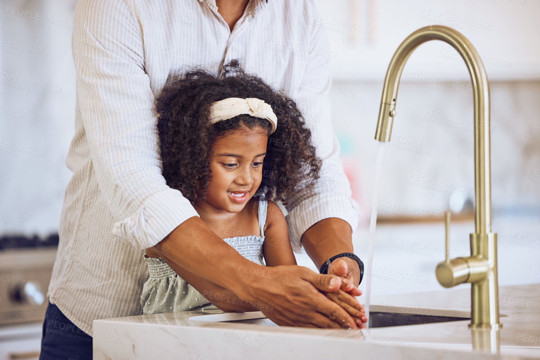 Buy stock photo Girl, hands and dad for washing, cleaning and hygiene in kitchen in house. Child, water and father together learning to wash hand to stop germs, bacteria and virus for health, wellness and care