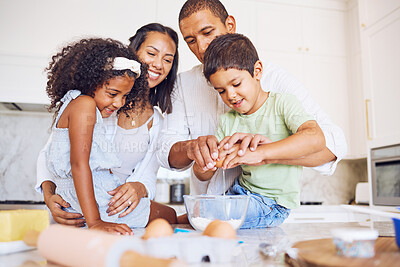 Buy stock photo Black family, kitchen and happy with kids, baking and bonding in home. Family, smile and children cooking for happiness, bake and time together with egg, flour and  parents help for cookies in house