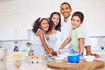 Baking, family bonding and happy in the kitchen for learning development and relationship growth. Black people spend quality time together, ingredients to bake and smile while cooking at home. 