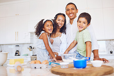 Buy stock photo Baking, family bonding and happy in the kitchen for learning development and relationship growth. Black people spend quality time together, ingredients to bake and smile while cooking at home. 