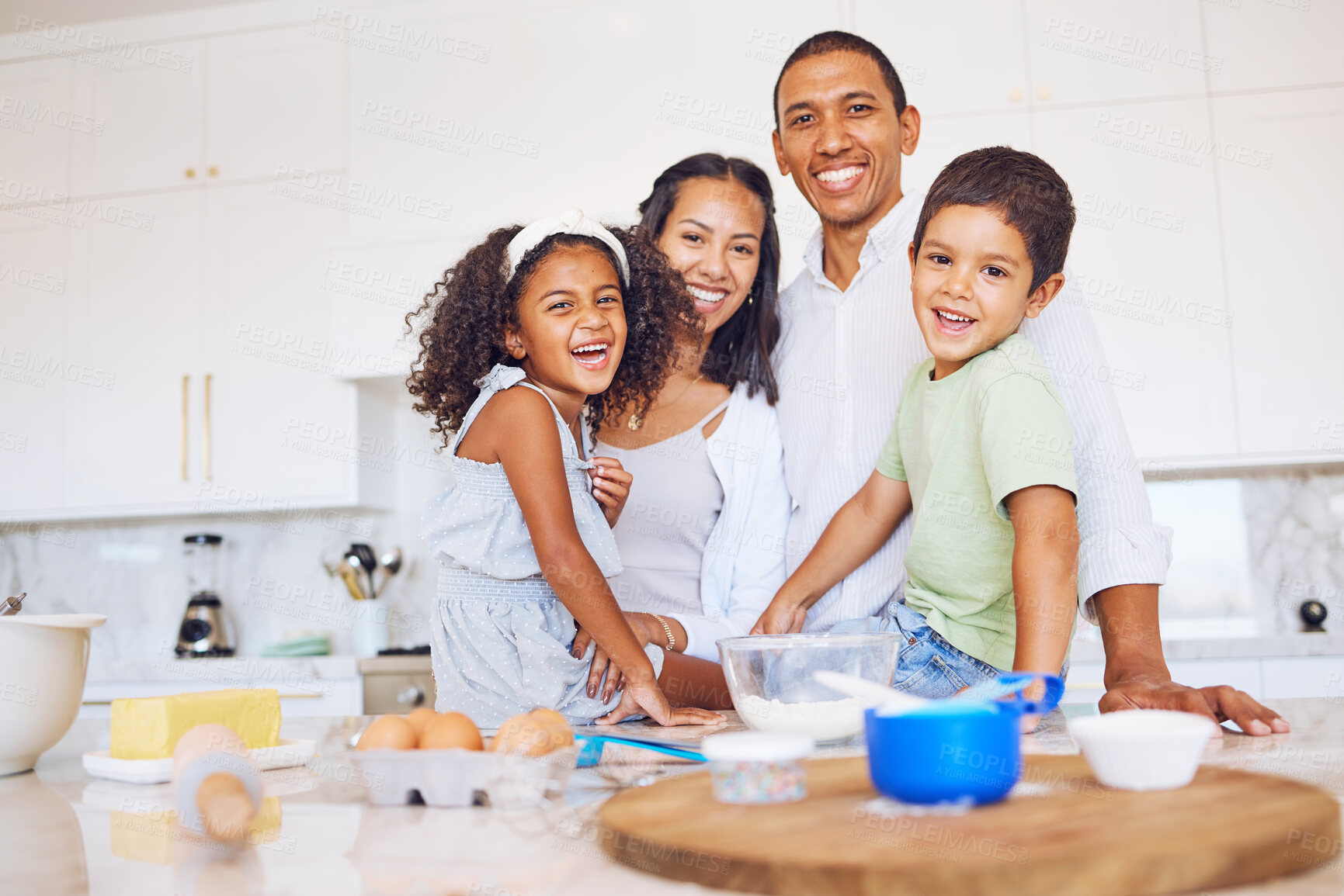 Buy stock photo Baking, family bonding and happy in the kitchen for learning development and relationship growth. Black people spend quality time together, ingredients to bake and smile while cooking at home. 
