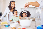 Happy family cooking, kitchen and learning development or quality time relationship bonding. Cheerful mom, dad teaching breakfast recipes and kids baking together with support in family home
