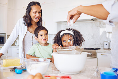 Buy stock photo Happy family cooking, kitchen and learning development or quality time relationship bonding. Cheerful mom, dad teaching breakfast recipes and kids baking together with support in family home
