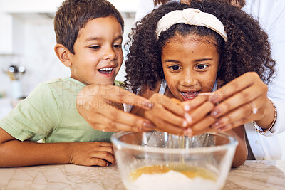 Buy stock photo Mom hands, kids cooking and learning development or healthy eating habits in child and parent relationship bonding activity. Happy girl, boy and mother baking together building skills in kitchen