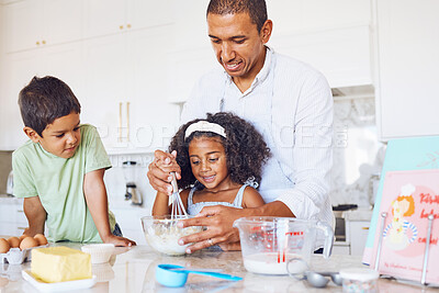 Buy stock photo Family, children and baking with a girl and boy learning about cooking with their father in the kitchen of their home. Kids, food and love with a man teaching his son and daughter how to bake