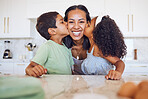 Family, kitchen and children kiss mom with love, happiness and bond while relax in Mexico home, house or apartment. Happy, smile and youth kids enjoy quality time together with mama on Mothers Day 