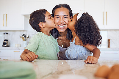 Buy stock photo Family, kitchen and children kiss mom with love, happiness and bond while relax in Mexico home, house or apartment. Happy, smile and youth kids enjoy quality time together with mama on Mothers Day 