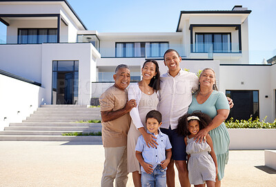 Buy stock photo Children, moving and family with smile for their new home and happy on their property. Portrait of young man and woman, parents and kids with happiness after buying their own house with mockup space