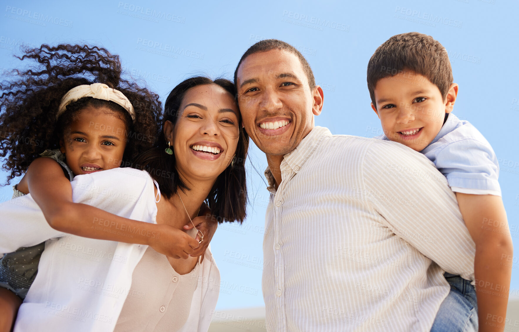 Buy stock photo Family, children and piggyback outside with a girl and boy on the back of their mother and father while outdoor in nature. Kids, together and love with parents carrying a brother and sister outside