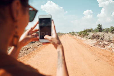 Buy stock photo Smartphone, road trip and woman taking photo of countryside journey for landscape update, social media or nature post in summer sunshine. Influencer travel photography on 5g cellphone digital gallery