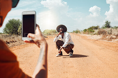 Buy stock photo Phone, man and happy to take photo on road trip, travel or holiday in nature together. Smartphone, influencer and photoshoot outdoor for social media, blog or post while on holiday, safari or trip