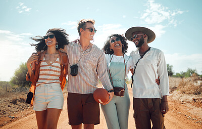 Buy stock photo Friends, walking and nature with a man and woman group outside on a sand road in the dessert. Travel, summer and vacation with young people on a walk in the wilderness while on holiday together
