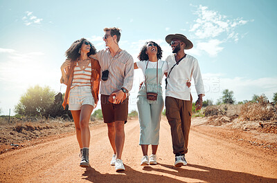 Buy stock photo Travel, happy and friends couple walk on road trail in African bush path with interracial people. Satisfied friendship group smile and enjoy holiday getaway in South Africa sunshine together.
