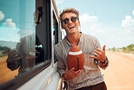 Man, smile and hand do sign with football while on road trip, vacation or travel in summer. Guy, sunglasses and American football by car in portrait to relax, holiday and transport do hang ten icon