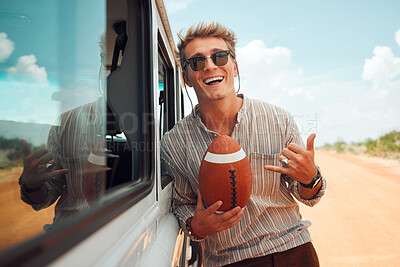 Buy stock photo Man, smile and hand do sign with football while on road trip, vacation or travel in summer. Guy, sunglasses and American football by car in portrait to relax, holiday and play ball, hang ten icon