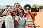 Diversity, selfie and friends on road trip adventure in a countryside taking a picture on phone. Travel, holiday and group of people with smartphone, car and smile on faces, happy on nature vacation