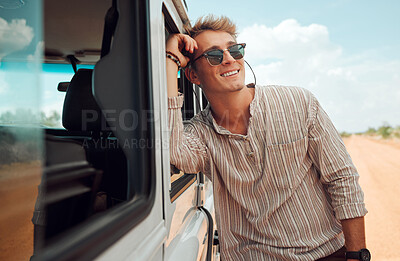 Buy stock photo View of man, happy on road trip in desert and leaning on car with cool fashion on summer driving vacation. Spiritual freedom, stress free and able to relax on nature travel safari holiday 