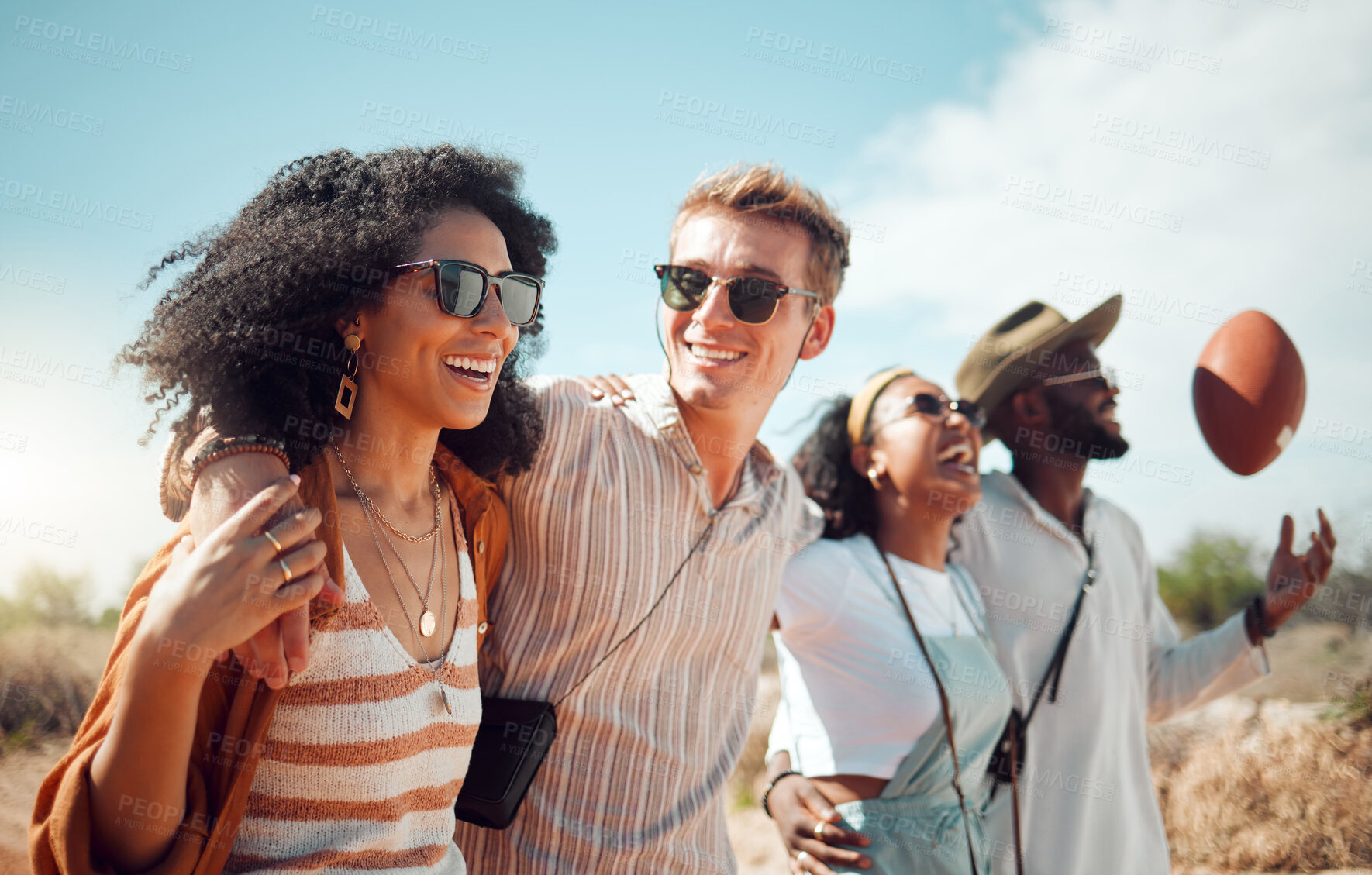 Buy stock photo Friends, couple group and walking in nature on vacation, trip or summer holiday. Love, safari and diversity of couples outdoors in countryside, spending quality time together and bonding in affection