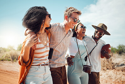 Buy stock photo Friends, travel and funny with a man and woman group walking in nature on a sand road during a trip together. Summer, happy and freedom with young people on holiday or vacation in the dessert