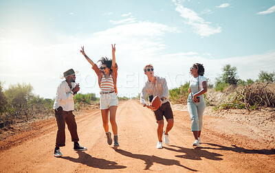 Buy stock photo Safari, walking and friends on holiday in nature with football in California together. Happy, comic and playful group of people on travel vacation in desert for peace, adventure and freedom in summer
