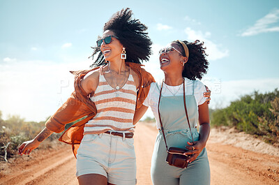 Buy stock photo Safari, funny and friends walking on holiday in nature of Kenya with smile together in summer. Comic, happy and free young black women on vacation in the desert for travel, adventure and happiness