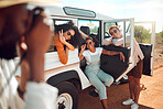Friends on road trip, travel diversity and taking picture together in a van during desert vacation. Summer holiday in Africa, group traveling on nature safari and smile on wilderness adventure drive 