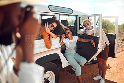 Buy stock photo Friends on road trip, travel diversity and taking picture together in a van during desert vacation. Summer holiday in Africa, group traveling on nature safari and smile on wilderness adventure drive 