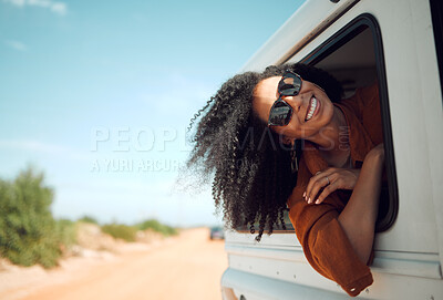 Buy stock photo Road trip, car and vacation with a black woman out the window of her vehicle during travel on a dessert sand road. Happy, summer and freedom with a young female enjoying summer holiday with mockup