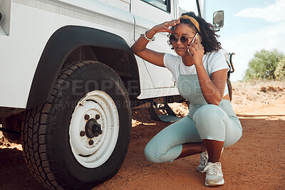 Buy stock photo Phone call, accident and black woman talking to insurance about tire while on safari holiday in New Zealand. African girl speaking to mechanic for help during car emergency on mobile in nature