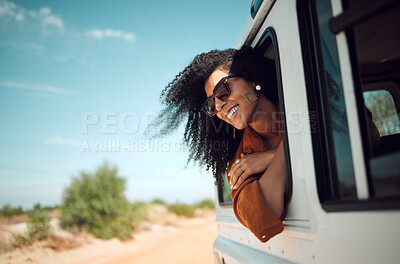 Buy stock photo Travel, road trip and woman by car window for adventure, nature freedom and outdoor lifestyle on summer blue sky mockup, Girl in sunglasses and van drive by bush or countryside for holiday experience