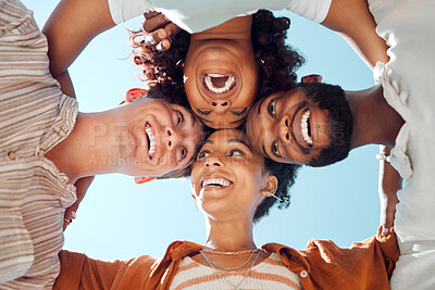 Buy stock photo Diversity, community and friends in a circle, relax, smile and bond while having fun in a city together. Freedom, face and happy people embracing in a trust huddle, excited at a social gathering 