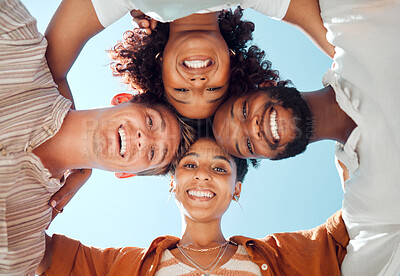 Buy stock photo Friends, happy heads together and diversity in circle with smile from below. Friendship, happiness and support, university students group hug. Smiling, hugging and looking down, men and women huddle.