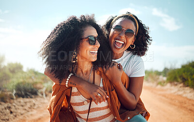 Buy stock photo Women, friends and nature happy to piggyback for fun while on road trip, travel or vacation in Kenya. Black woman, smile and laughing together for happiness, comic and funny time in summer sun