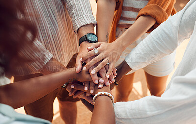 Buy stock photo Hands, support and collaboration for fun friends on summer holiday in safety, security and trust promise. Zoom, men or women in diversity circle on travel for community, solidarity or bonding support