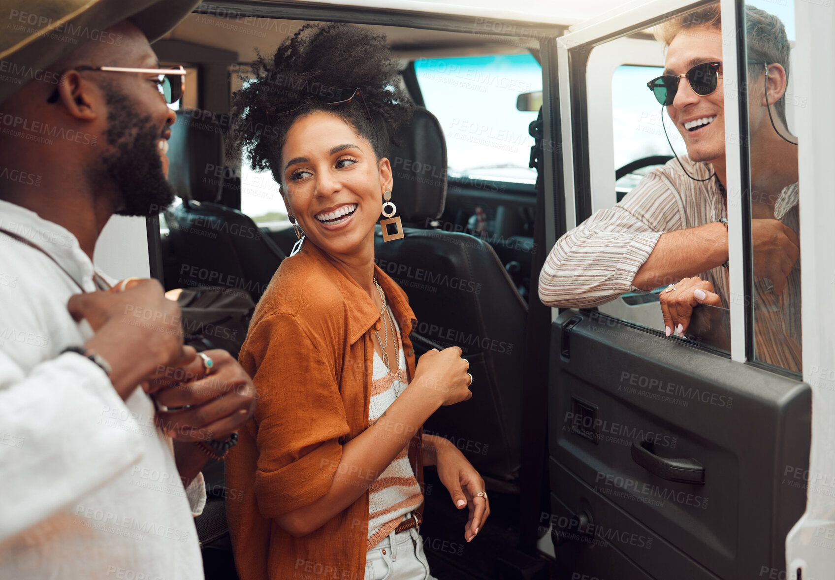 Buy stock photo Car, road trip and diversity friends relax together on transport journey, holiday adventure or fun driving for summer vacation. Happy, smile and group of people or students on transportation travel