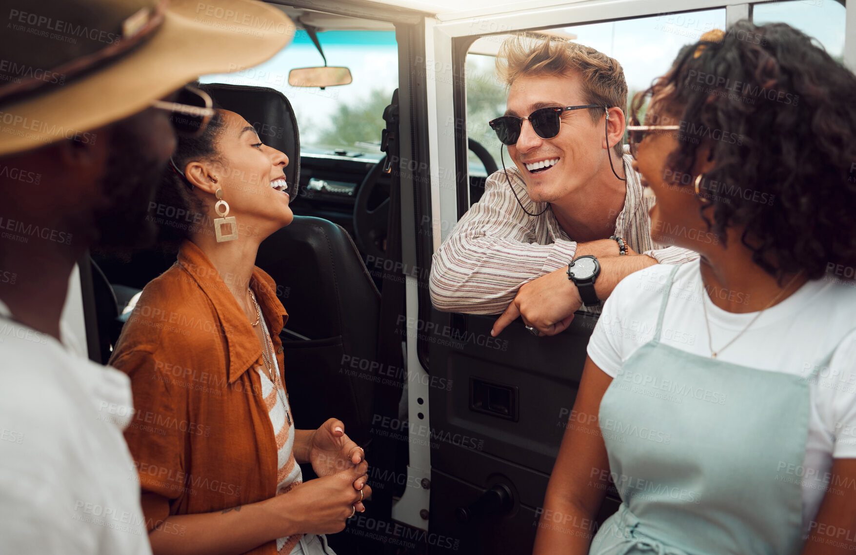 Buy stock photo Road trip, van and diversity friends relax on travel adventure for peace, wellness and outdoor freedom in Toronto Canada. Friendship, laugh and happy group of people have fun on car transport journey